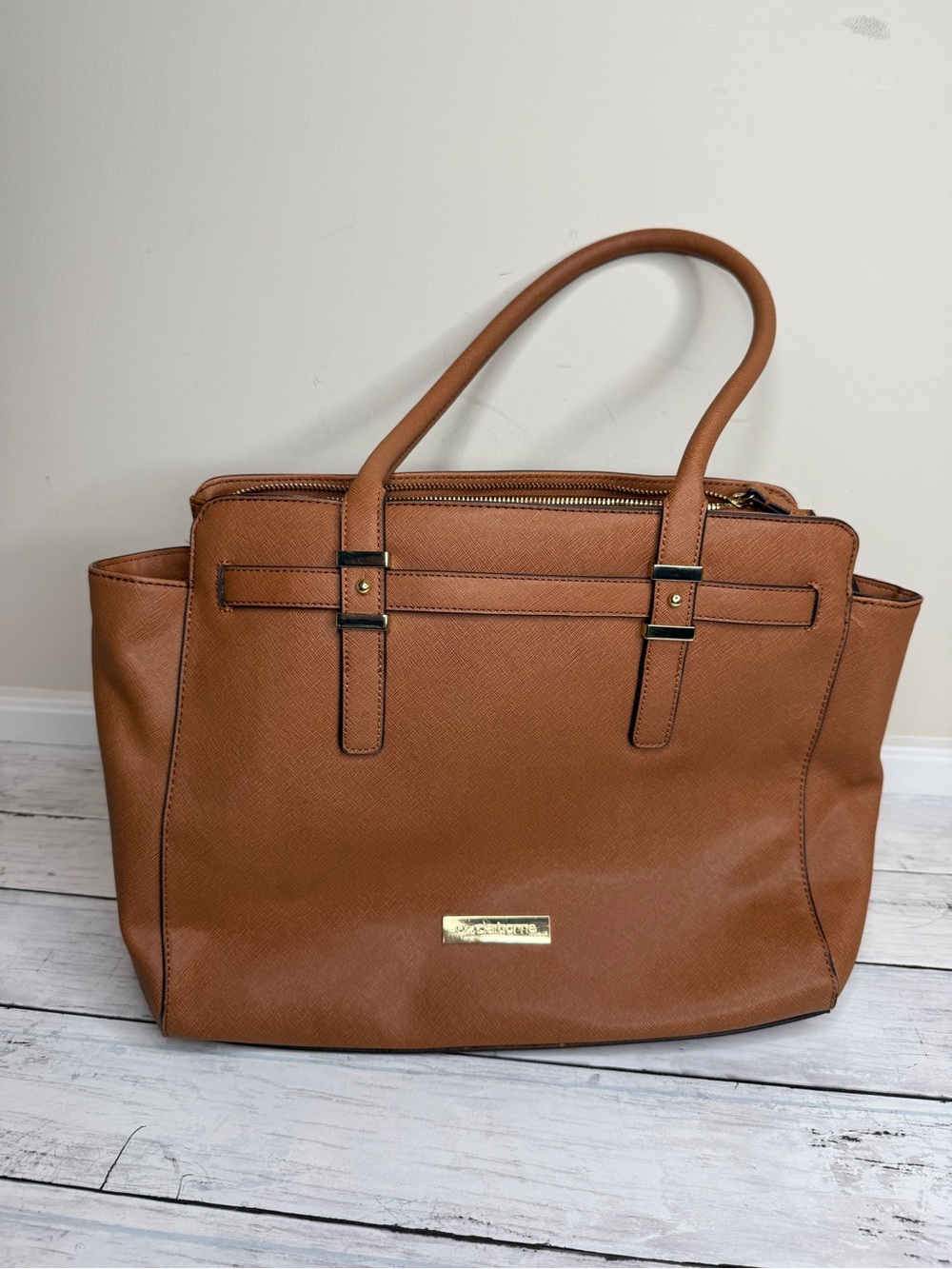 Liz Claiborne Cognac Brown Structured Tote with Gold Plaque